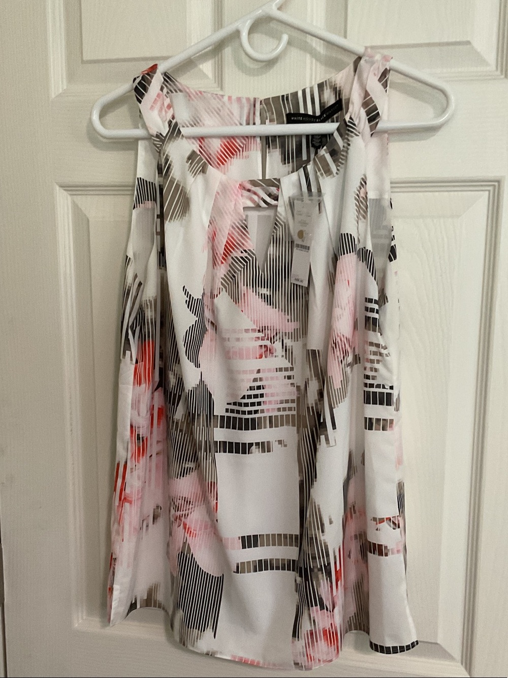White House Black Market White A-Line Top with Pink & Black Abstract Print